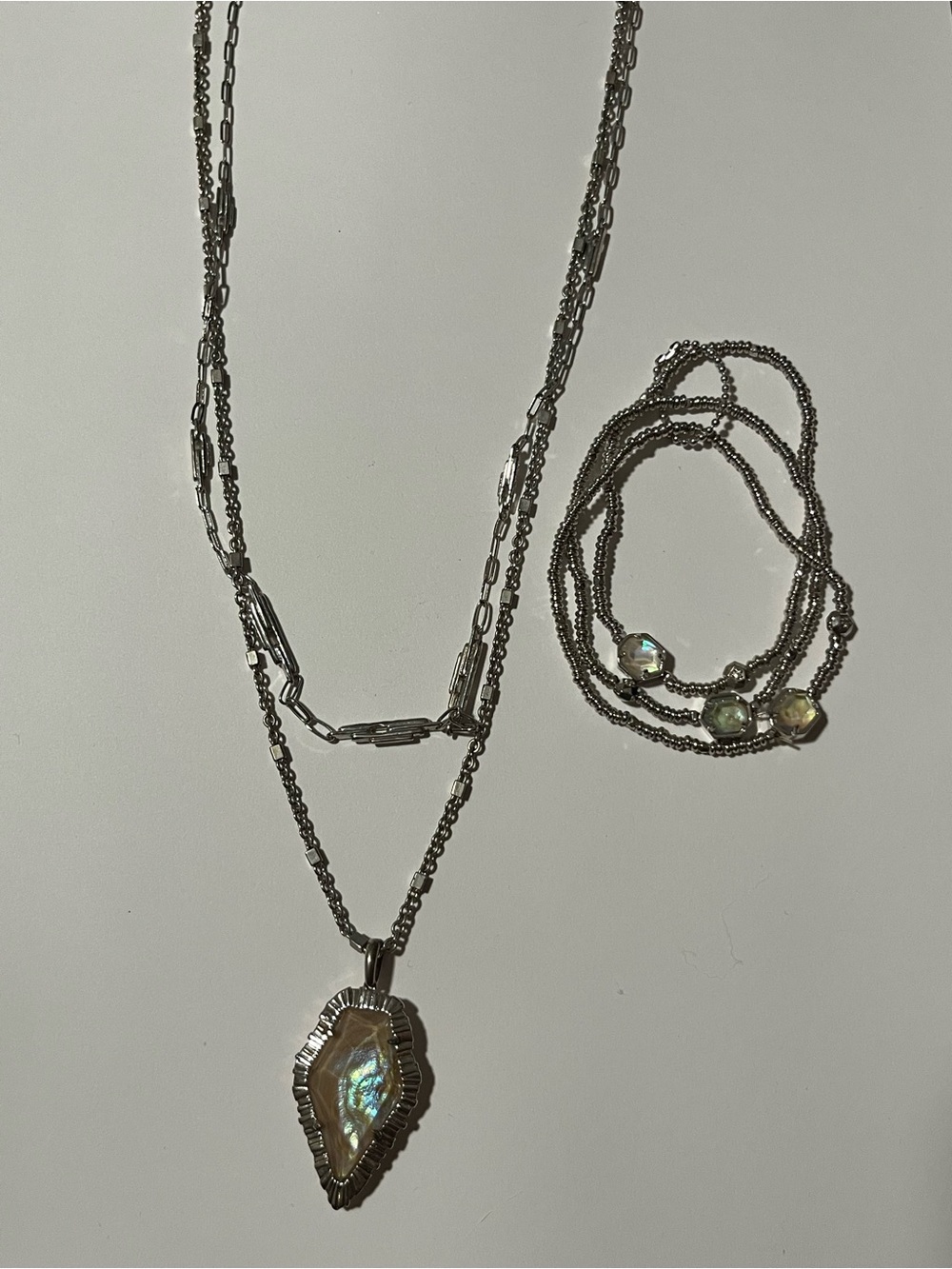 Kendra Scott Silver Iridescent Shell Pendant Layered Necklace and Bracelet Set